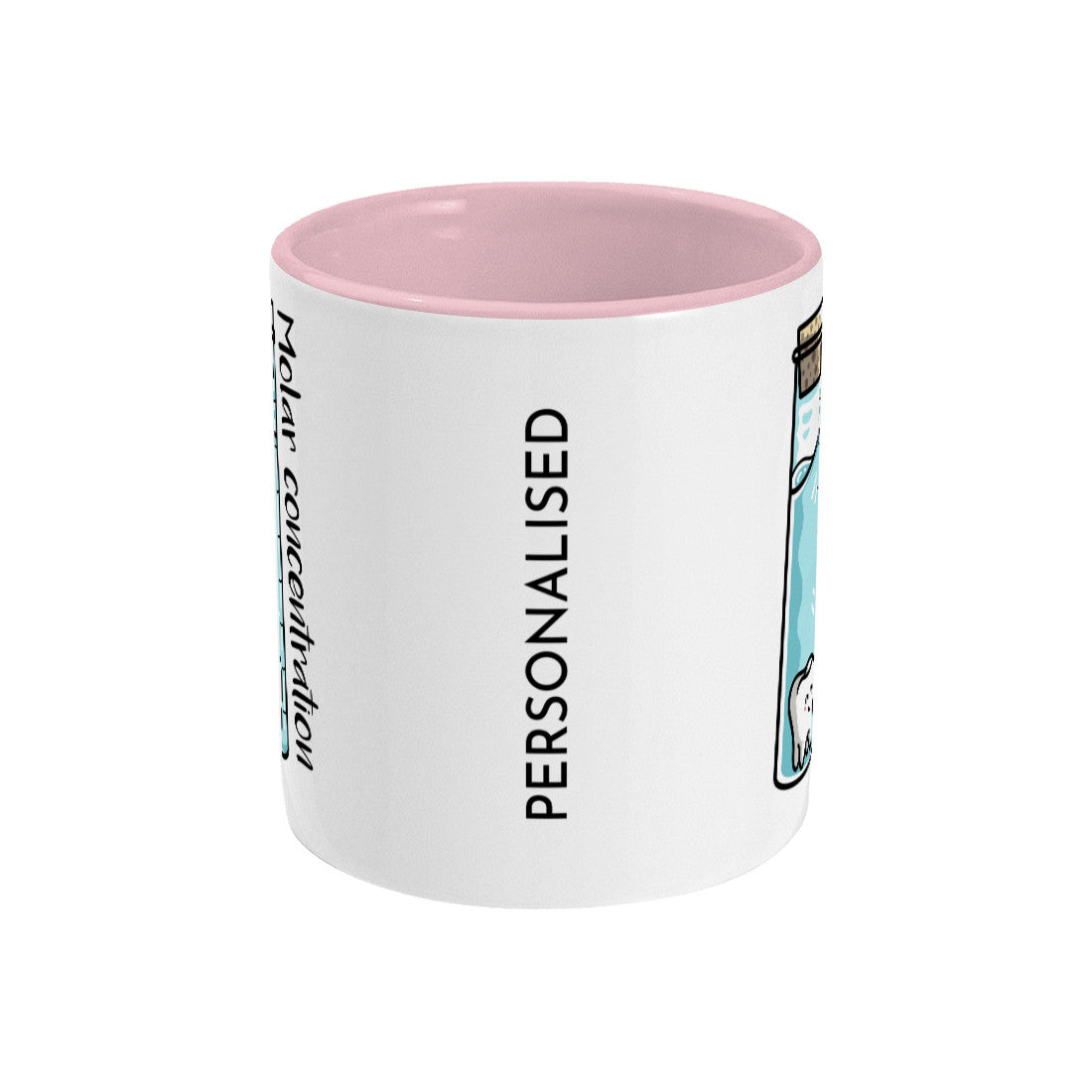 A corked chemistry vessel of liquid containing a molar tooth design on a two toned pink and white ceramic mug, side view with the word personalised printed vertically between the front and back designs.