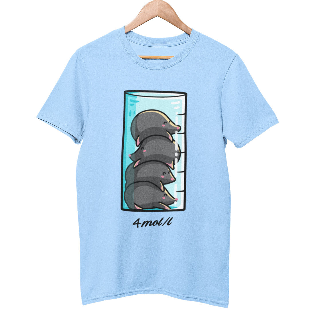 A pale blue unisex crewneck t-shirt on a wooden hanger with a design on its chest of a glass cylinder with a pile of four moles inside it and the writing 4 mol/l beneath