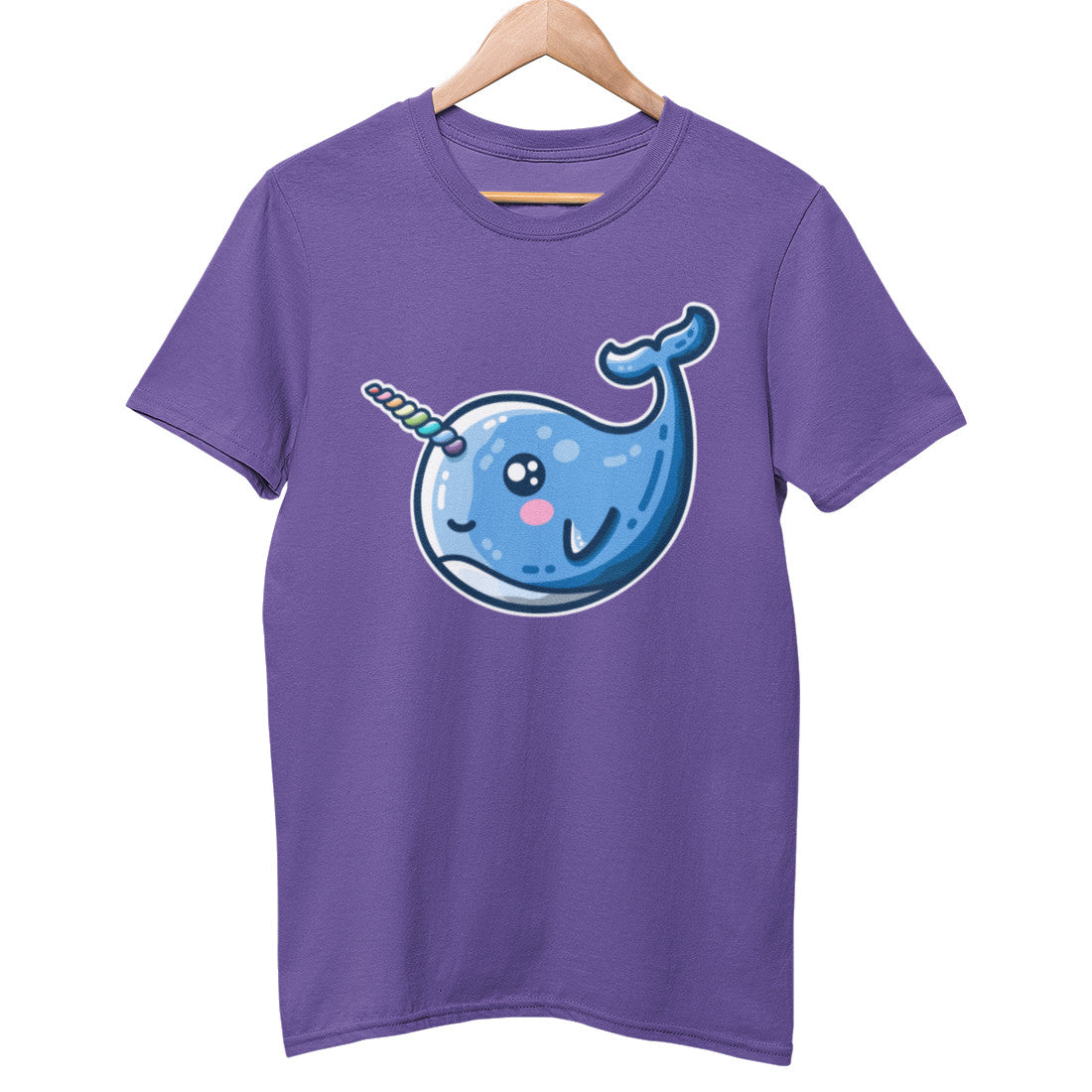 A blue unisex crewneck t-shirt on a wooden hanger with a design on its chest of a kawaii cute blue narwhal with a rainbow stripes horn facing to the left