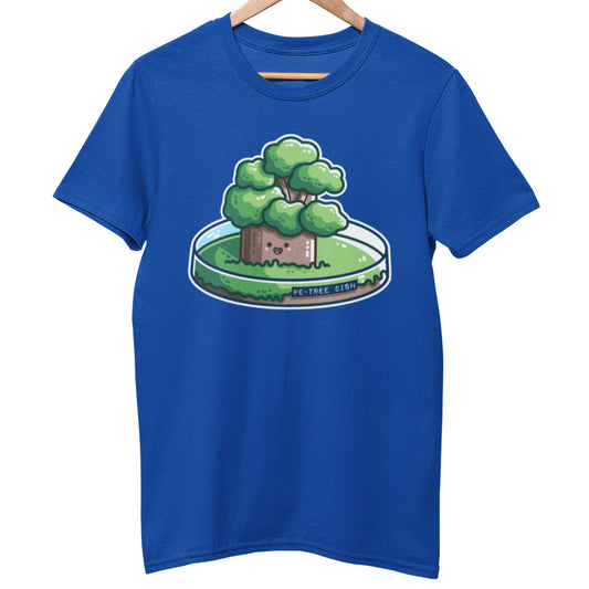 A Royal Blue t-shirt on a wooden hanger, on its chest a petri dish with a cute tree growing in it