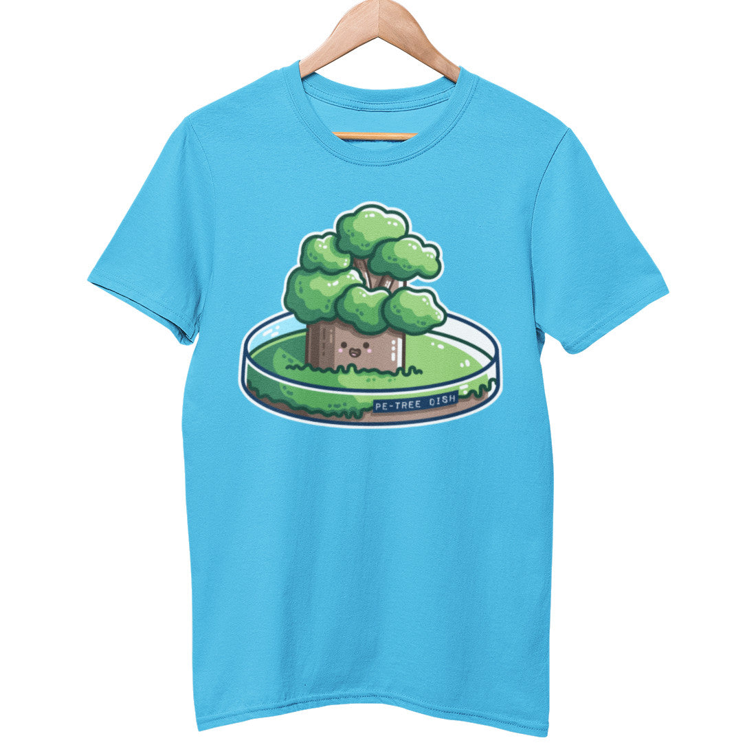 An aqua blue t-shirt on a wooden hanger, on its chest a petri dish with a cute tree growing in it