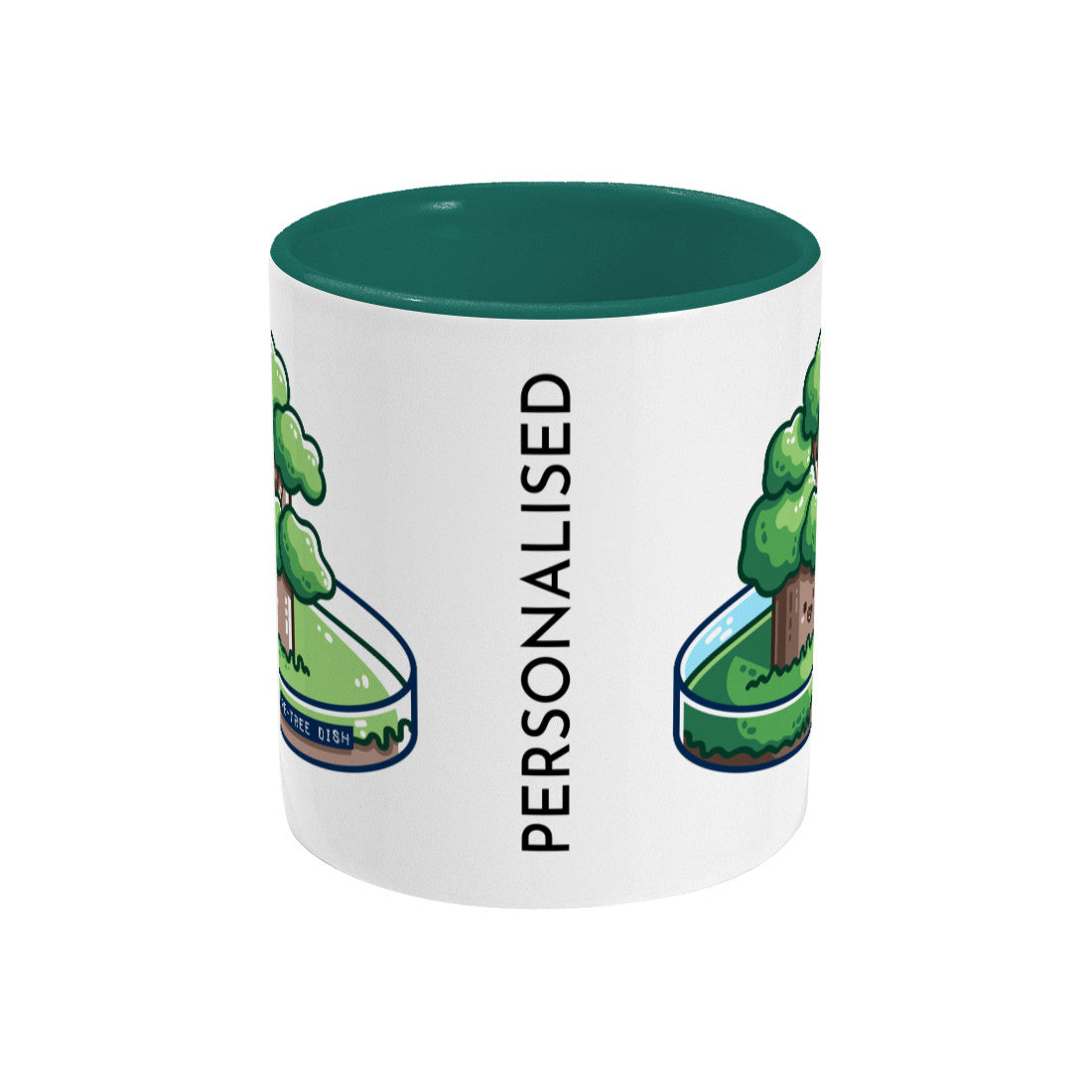 A two toned white and dark green ceramic mug seen side on with the handle hidden behind and a portion of the design visible at each edge of the mug with the word personalised printed between them.