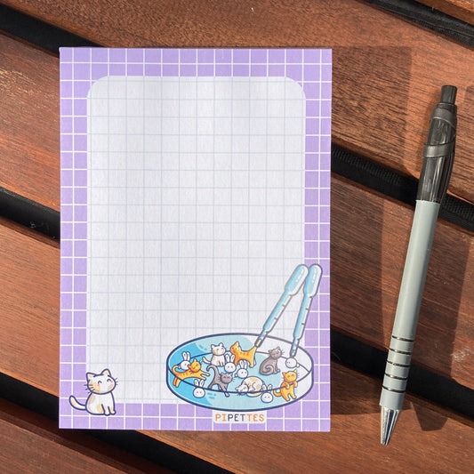 A graph paper notepad with a thick pale purple border and in the bottom left hand corner a cat and in the bottom right hand corner the petri dish holding pets and two pipettes..