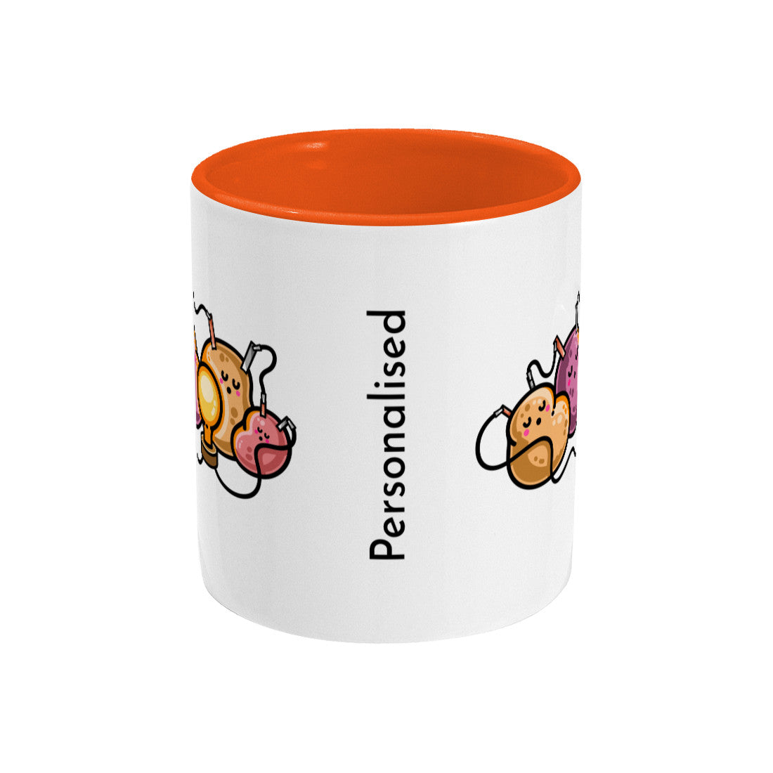 A two-toned white and orange ceramic mug, side view with handle around the back, the edges of the front and back designs showing and the word personalised printed vertically between.
