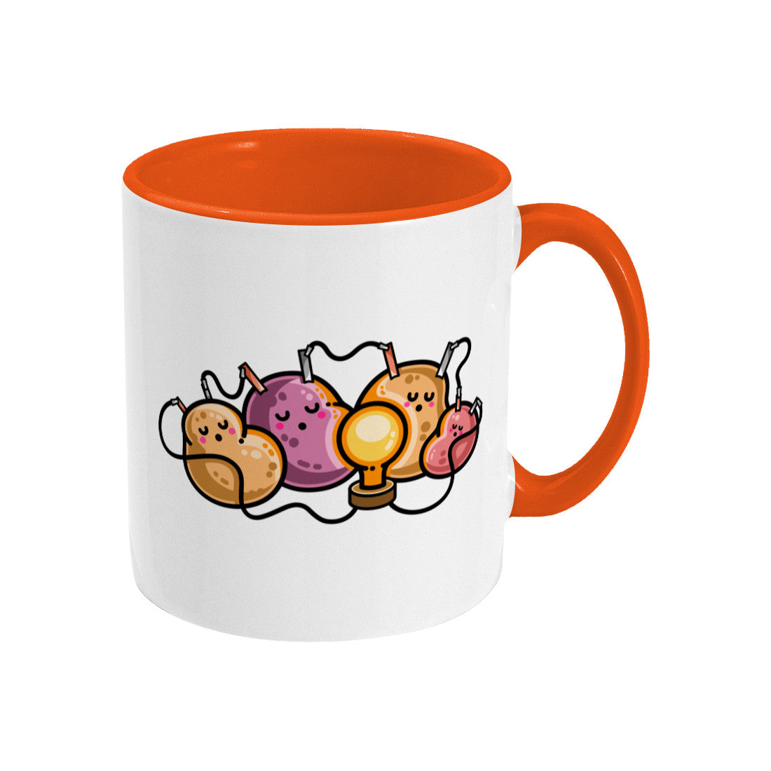 A two-toned white and orange ceramic mug with a design of a potato battery of 4 potatoes asleep around a light bulb they are powering, handle to the right