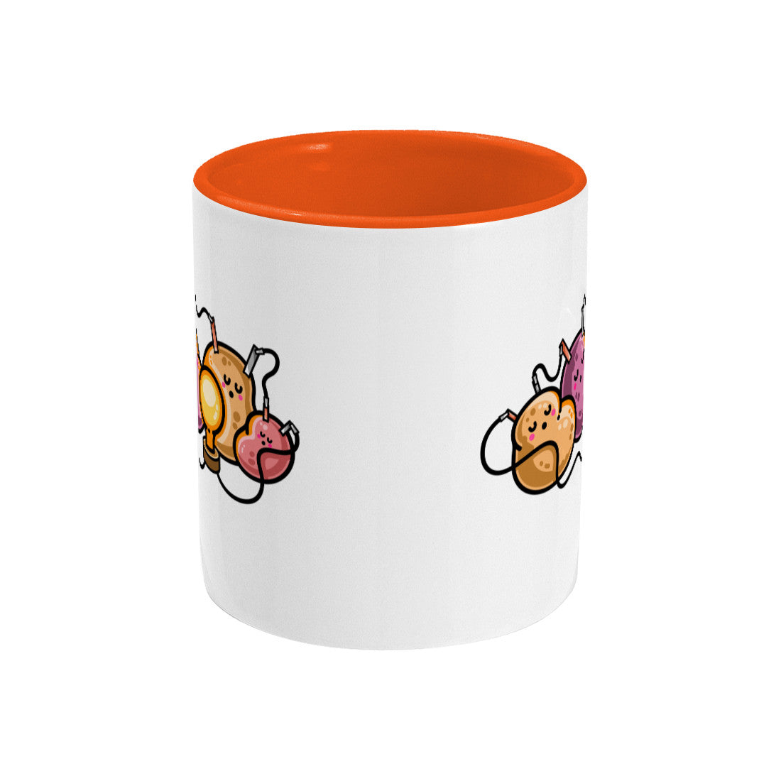 A two-toned white and orange ceramic mug, side view with handle around the back, the edges of the front and back designs showing