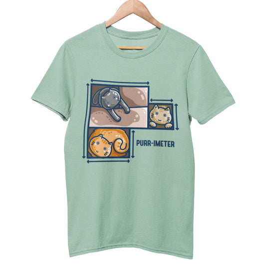 A aloe green coloured unisex crewneck t-shirt on a wooden hanger featuring a design on its chest of three cats in adjoining cardboard boxes seen from directly above, with measurement lines around the edges and the word 'purr-imeter'.
