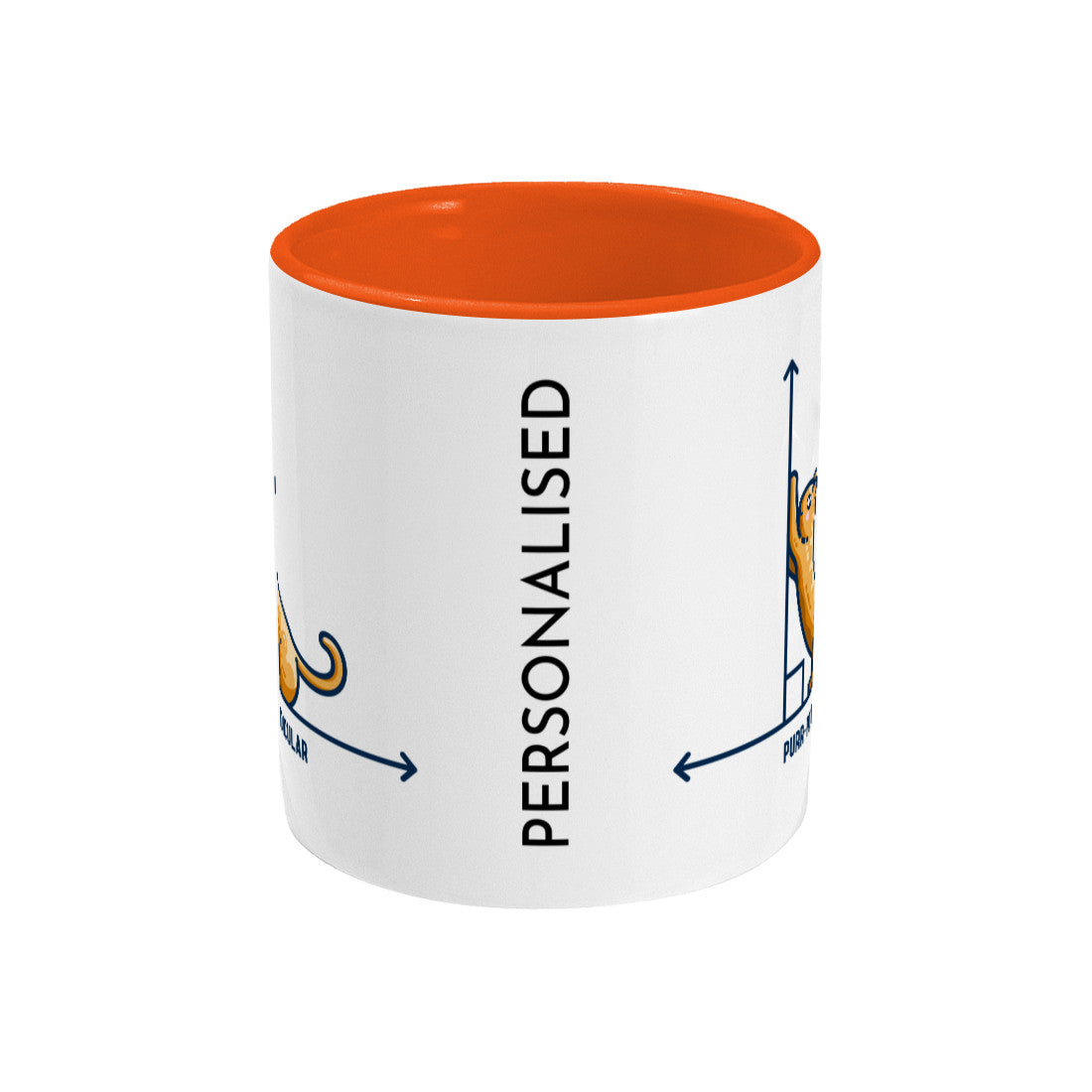 A white ceramic mug with an orange inside, the handle around the back not visible, the edge of the design visible at the left and right edges of the mug with the word personalised printed vertically between them.