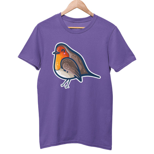 A purple unisex crewneck t-shirt on a hanger with a design on its chest of a kawaii cute robin bird with a red breast, bordered with a white line around the whole bird