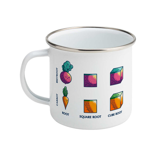 A white enamel mug with silver rim featuring the beetroot and carrot section of the roots of maths design, handle to the left.