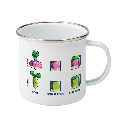 A white enamel mug with silver rim featuring the turnip and radish section of the roots of maths design, handle to the left.