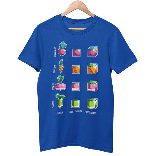 A Royal Blue colour unisex t-shirt on a wooden hanger featuring a large centered design of a labelled grid of beetroot, carrot, turnip and radish as roots with square root and cube root.