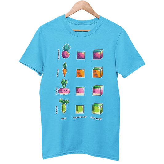 An aqua blue colour unisex t-shirt on a wooden hanger featuring a large centered design of a labelled grid of beetroot, carrot, turnip and radish as roots with square root and cube root.