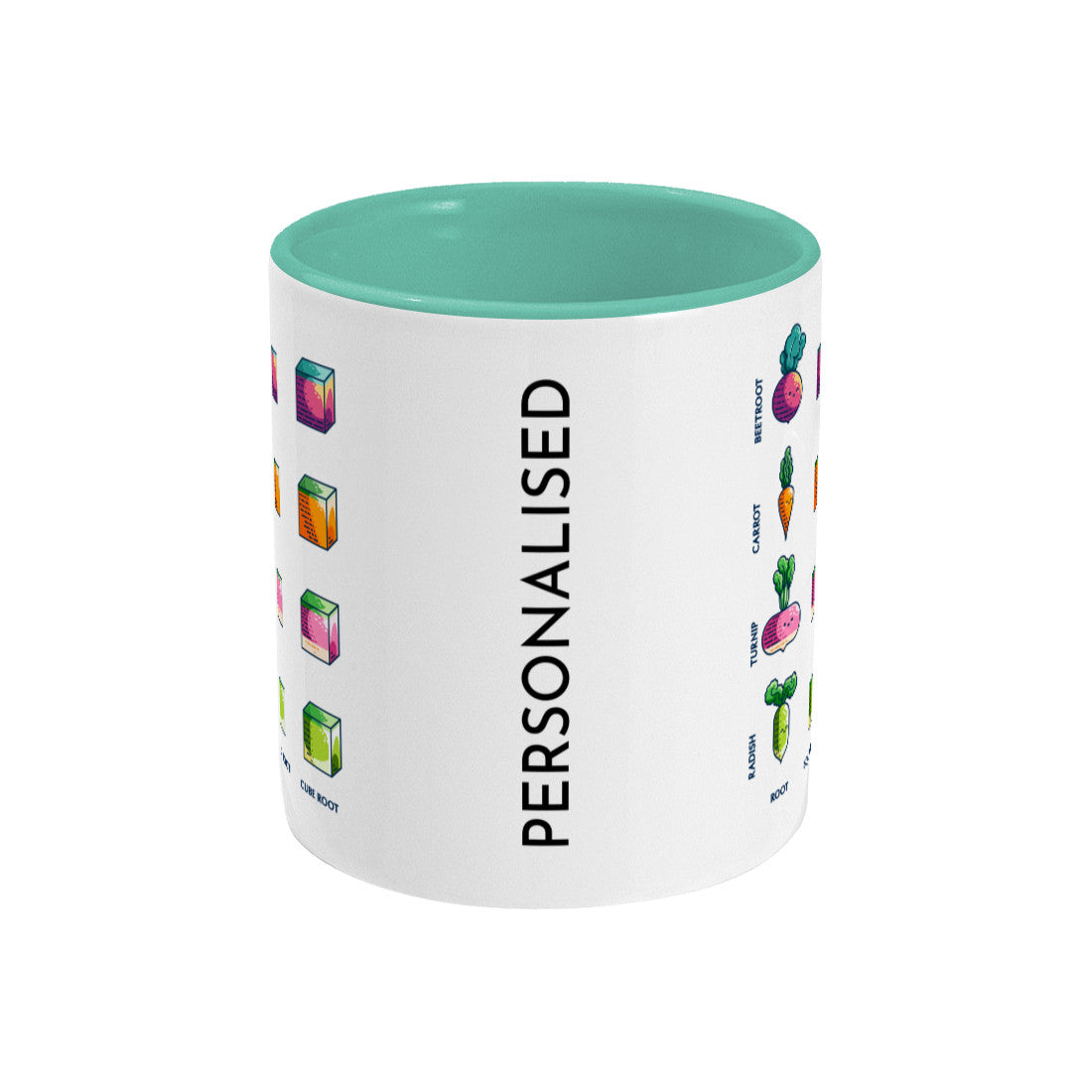 A white ceramic mug with a spearmint handle and inside, side view showing that the design is printed on both the front and back of the mug, with the the word personalised printed vertically between them.