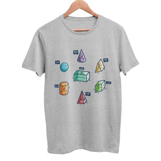 A heather grey unisex crewneck t-shirt on a hanger with a design on its chest of colourful 3D shapes with faces and speech bubbles stating the equation for working out their volume.
