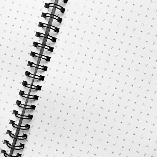A close up view of the inner notebook pages, showing grid graph paper consisting of little grey crosses lined up covering the inside pages.