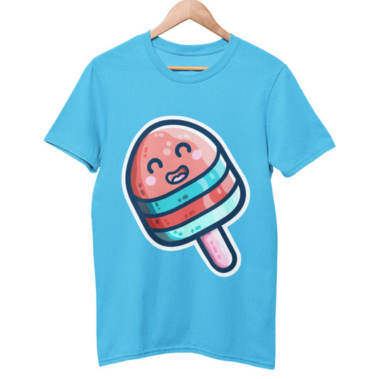 An aqua blue unisex crewneck t-shirt on a wooden hanger with a design on its chest of a red and blue striped kawaii cute happy ice lolly on a pink wooden stick. The design is angled diagonally across the chest of the t-shirt.