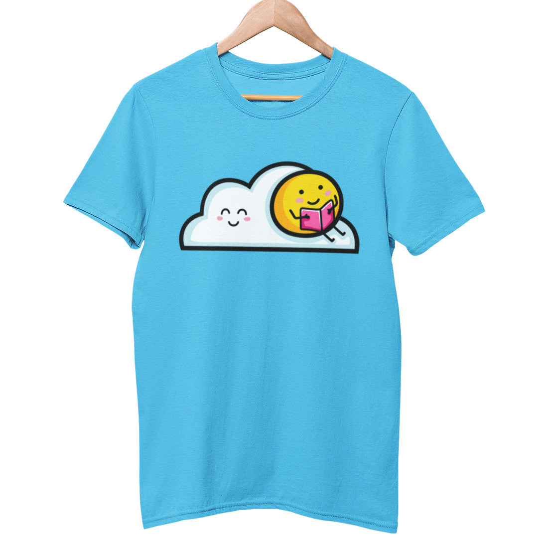 An aqua blue unisex crewneck t-shirt on a hanger with a design on its chest of a kawaii cute yellow sun sitting on the right half of a white cloud and reading a pink book