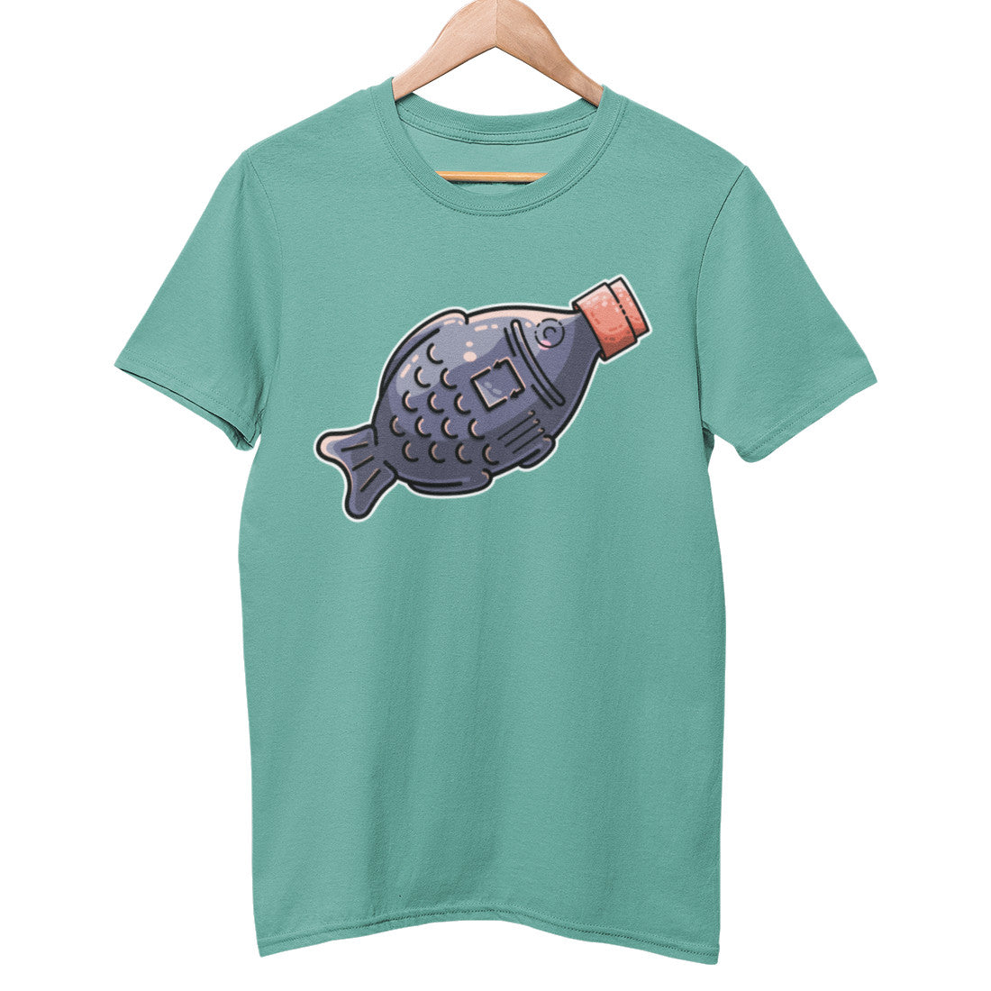 A green unisex crewneck t-shirt on a hanger with a design on its chest of a kawaii cute plastic soy fish filled with black soy sauce and with a red cap seen side on facing to the right and at a diagonal angle