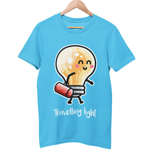 A royal blue unisex crewneck t-shirt on a hanger with a design on its chest of a kawaii cute lightbulb walking from left to right and facing right carrying a red bag above the words 'travelling light' written in white