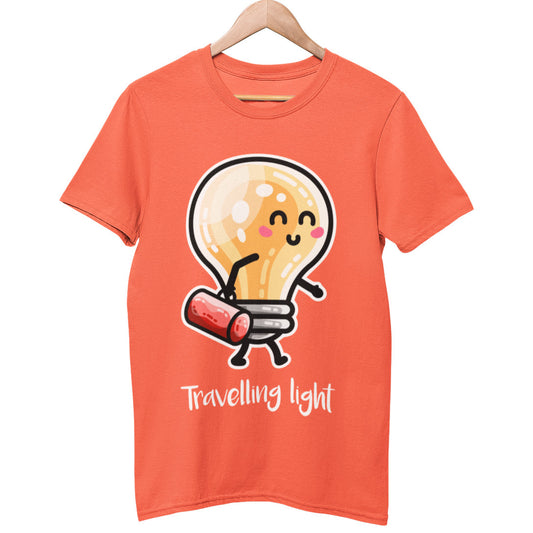 A fiesta orange colour unisex crewneck t-shirt on a hanger with a design on its chest of a kawaii cute lightbulb walking from left to right and facing right carrying a red bag above the words 'travelling light' written in white