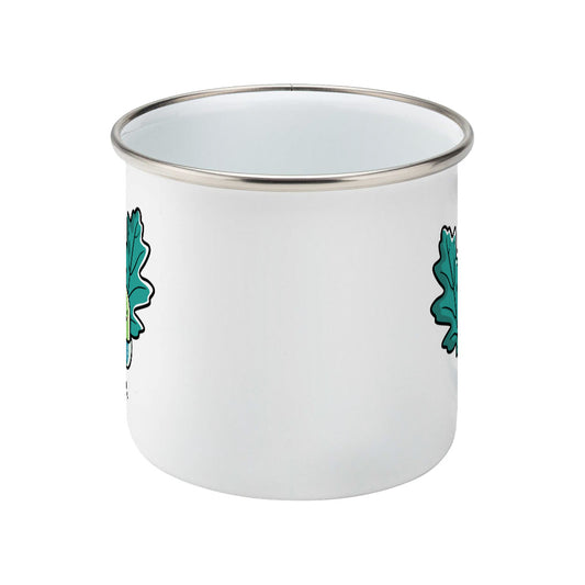 Cute acorn and oak leaves design on a silver rimmed white enamel mug, showing side