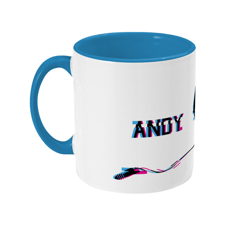 Glitch art headphones personalised design on a two toned blue and white ceramic mug, showing LHS