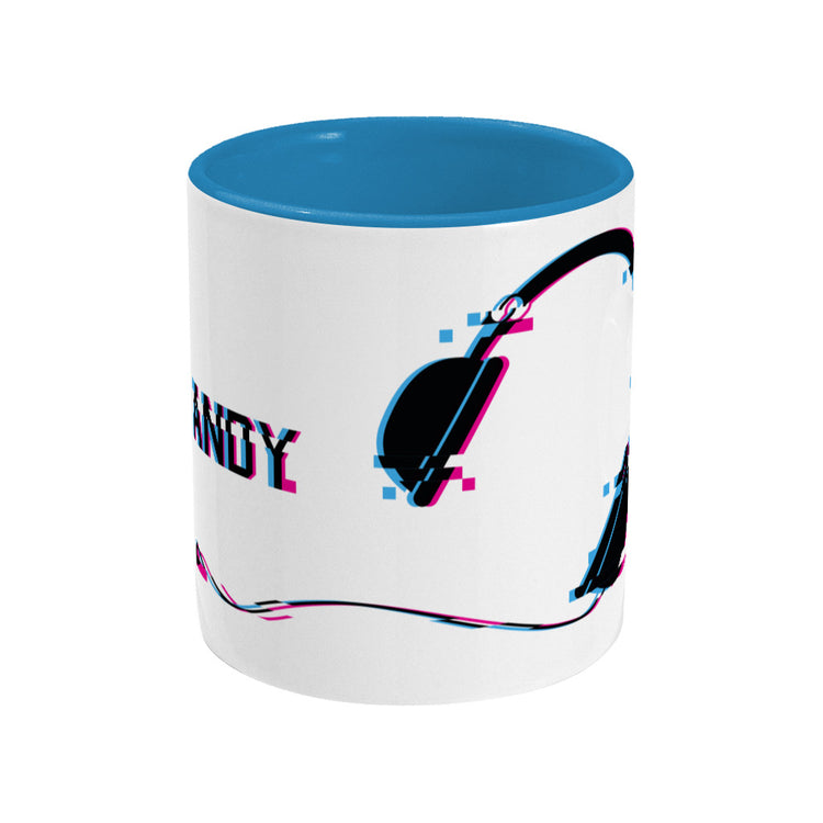 Glitch art headphones personalised design on a two toned blue and white ceramic mug, middle view