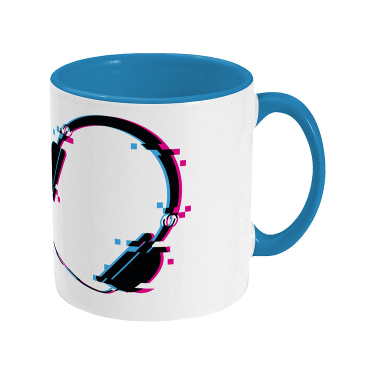 Glitch art headphones personalised design on a two toned blue and white ceramic mug, showing RHS