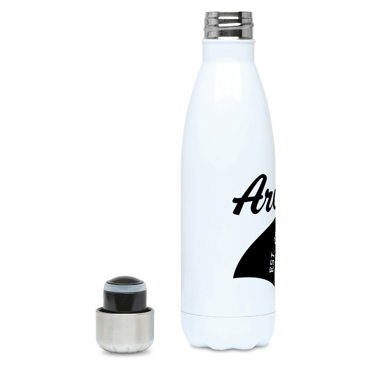 Athletic name and year swish design in black on a white metal insulated drinks bottle, lid off