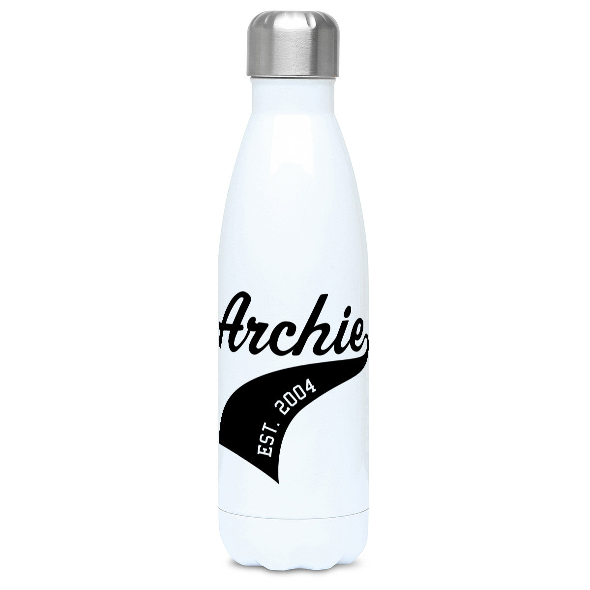 Athletic name and year swish design in black on a white metal insulated drinks bottle, lid on