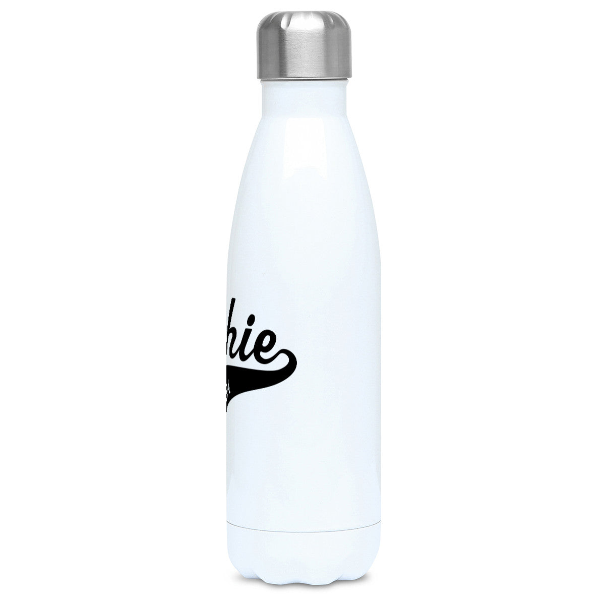 Athletic name and year swish design in black on a white metal insulated drinks bottle, side view