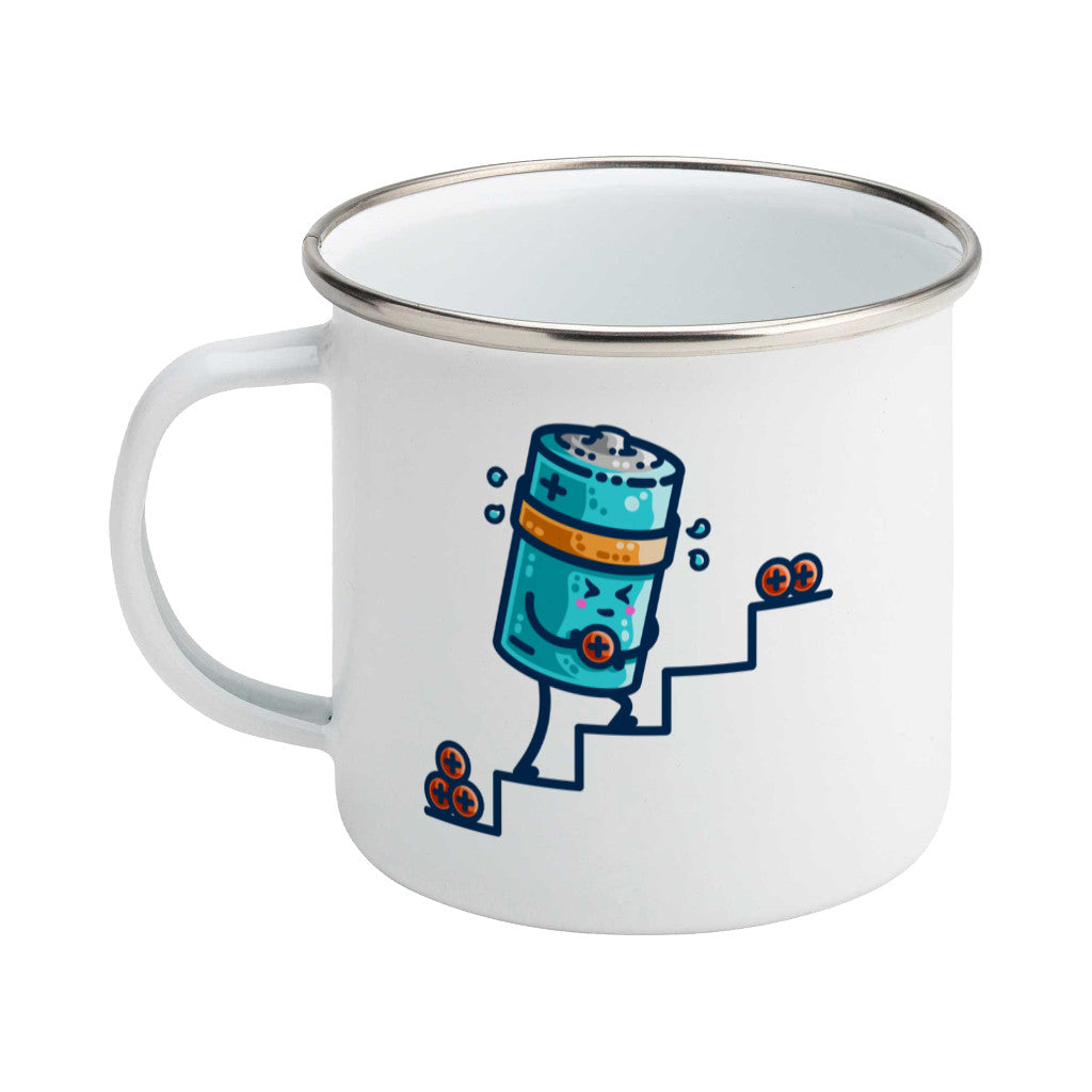 A silver rimmed white enamel mug with the handle to the left and a design of a kawaii cute blue cylindrical battery wearing an orange sweatband, with a facial expression of effort, moving positive charge up steps.