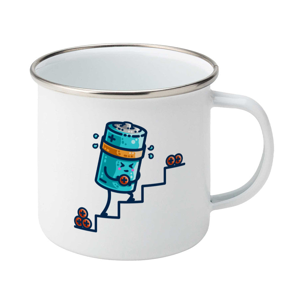 A silver rimmed white enamel mug with the handle to the right and a design of a kawaii cute blue cylindrical battery wearing an orange sweatband, with a facial expression of effort, moving positive charge up steps.