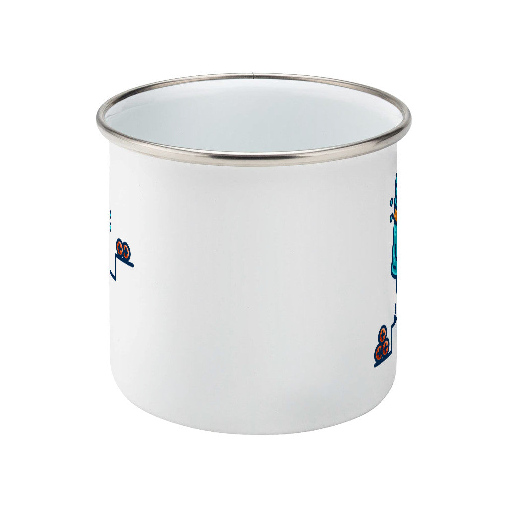A silver rimmed white enamel mug with a view from the side and the edges of the design visible from the front and back.