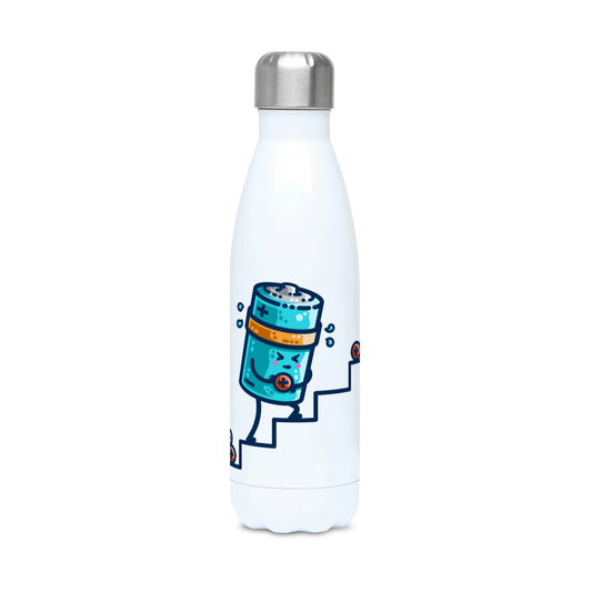 A white stainless steel drinks bottle with a silver coloured lid on and a design of a kawaii cute blue cylindrical battery wearing an orange sweatband, with a facial expression of effort, moving positive charge up steps.