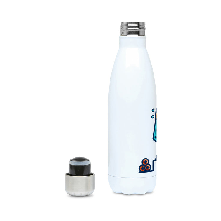 A white stainless steel drinks bottle seen side on with a removed silver coloured lid to the left and the screw neck of the bottle visible.