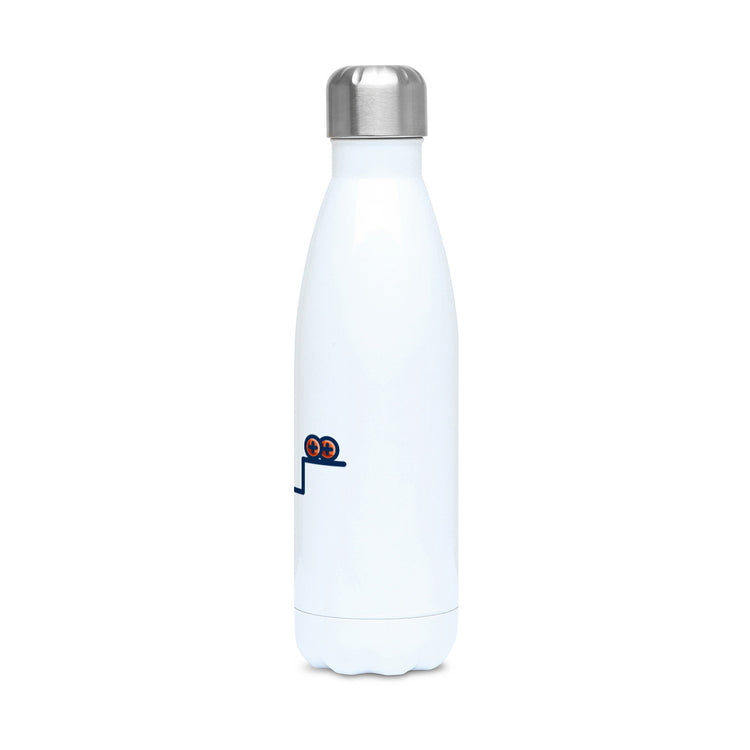 A white stainless steel drinks bottle showing a side view with a silver coloured lid on and a small section of design visible at one edge of the bottle.