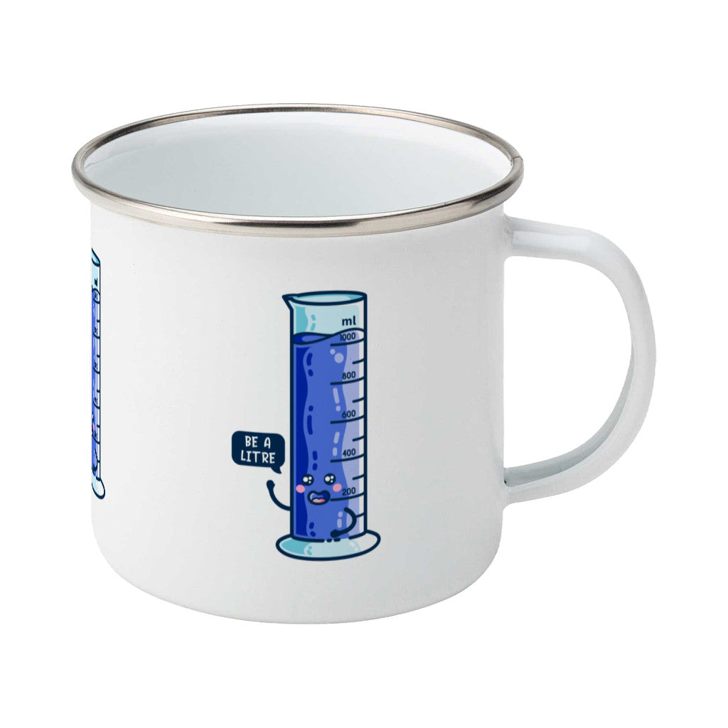 Cute blue graduated cylinder design saying be a litre in a speech bubble on a silver rimmed white enamel mug, showing RHS