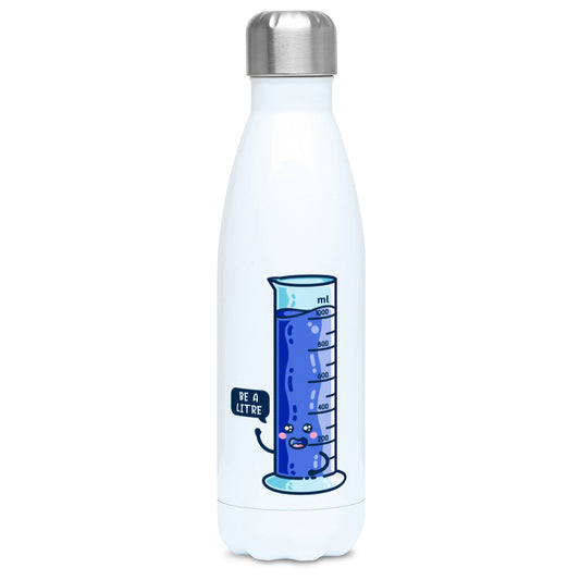 Cute blue graduated cylinder with be a litre speech bubble design on a white metal insulated drinks bottle, lid on