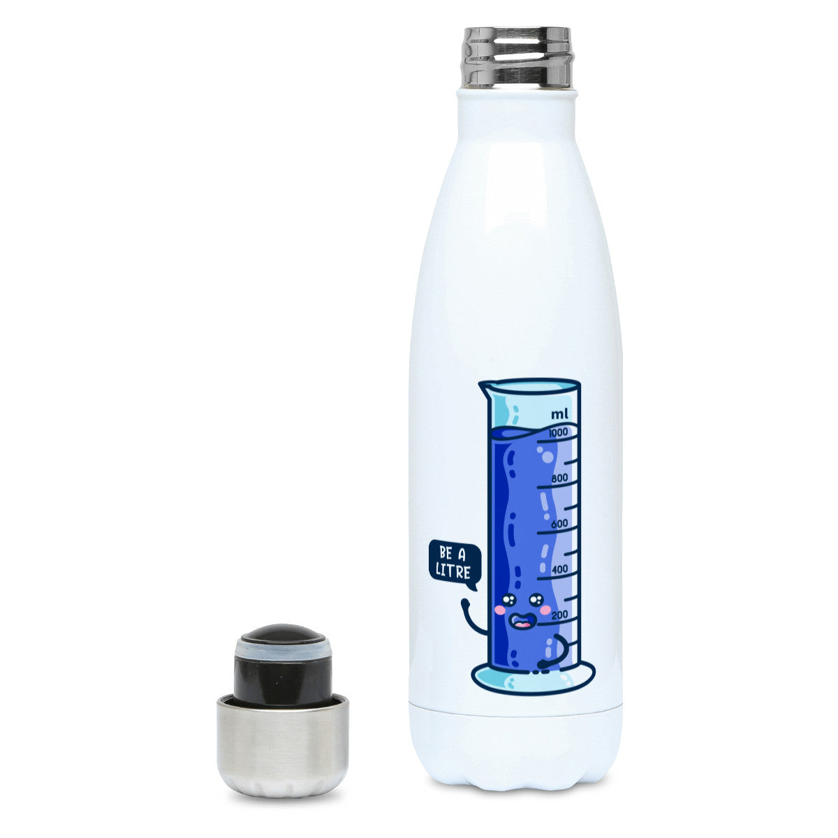 Cute blue graduated cylinder with be a litre speech bubble design on a white metal insulated drinks bottle, lid off