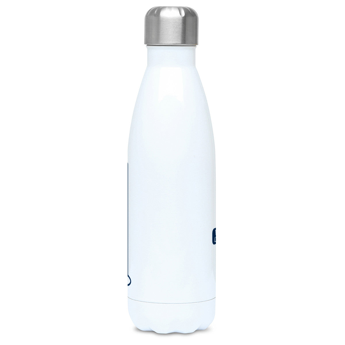 Side view of a white metal insulated drinks bottle with the lid on and a hint of the graduated cylinder design showing on the right and left hand edges