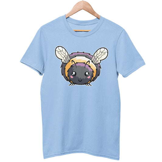 A pale blue unisex crewneck t-shirt on a wooden hanger with a design on its chest of a kawaii cute bee facing forward stright on with a happy smiling face
