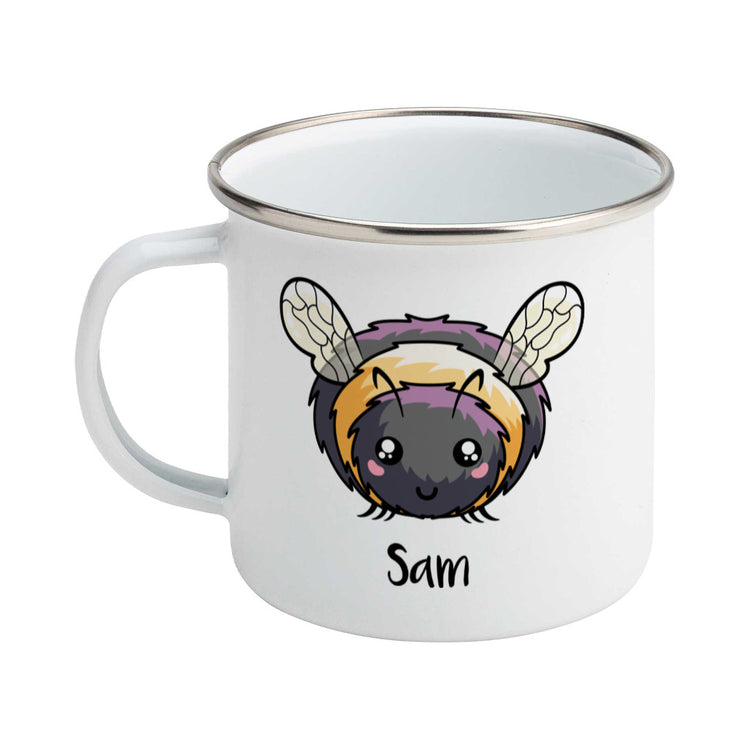 Personalised cute bee design on a silver rimmed white enamel mug, showing LHS