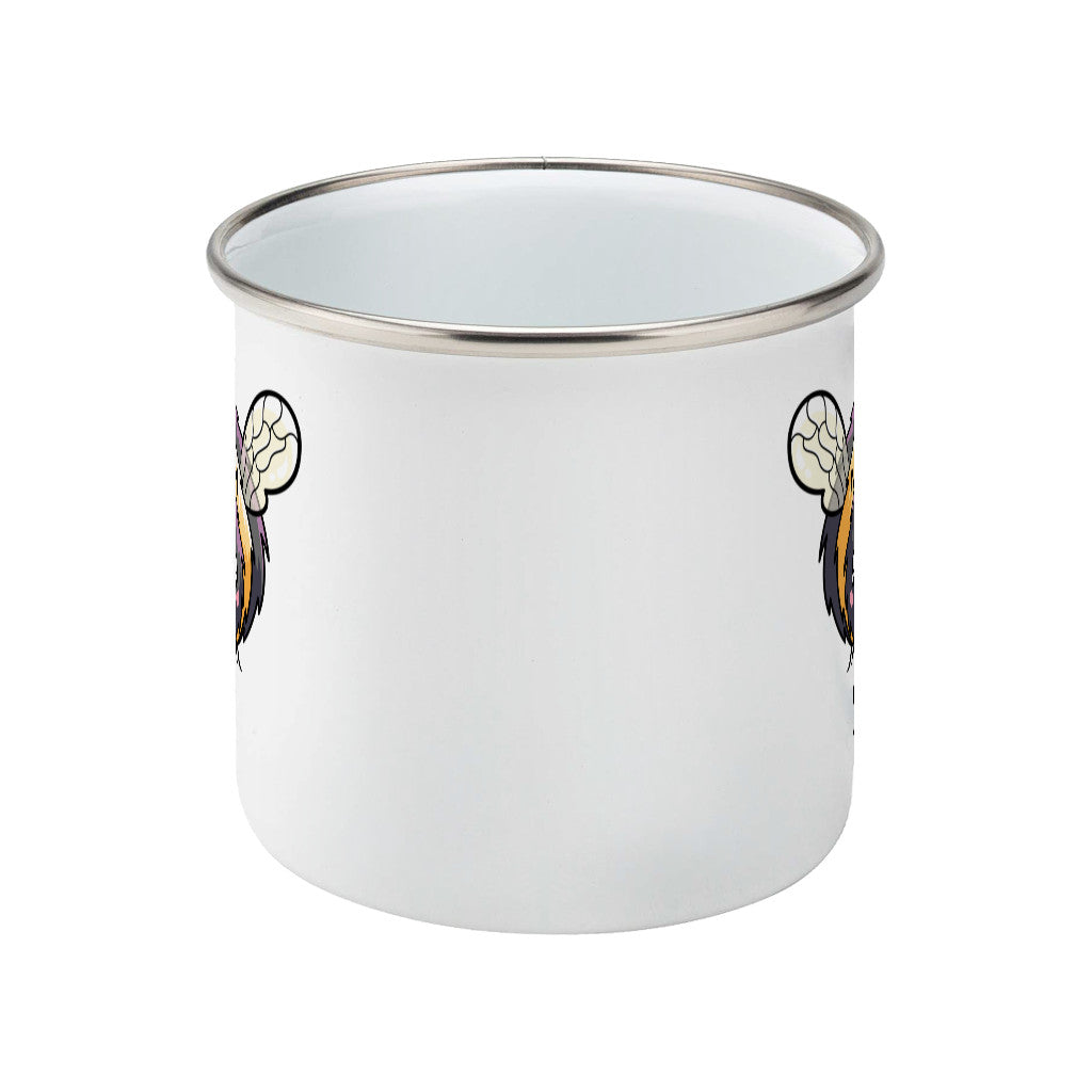 Personalised cute bee design on a silver rimmed white enamel mug, side view