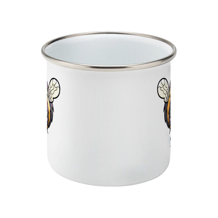 Personalised cute bee design on a silver rimmed white enamel mug, side view