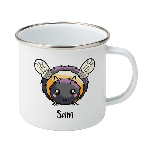 Personalised cute bee design on a silver rimmed white enamel mug, showing RHS