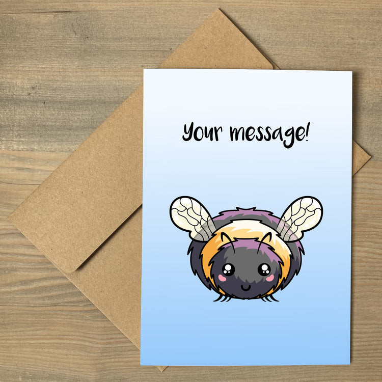 A brown envelope beneath a blue and white gradient greeting card that features a kawaii cute bee with a personalised message above.
