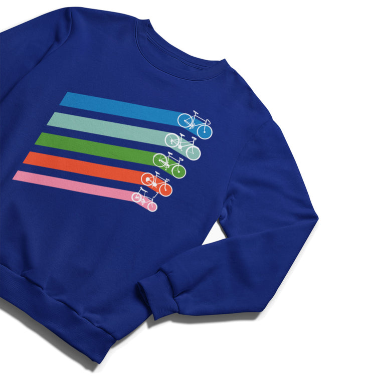 A mid blue crewneck sweatshirt with five different coloured bold diagonal stripes including blue, green, red and pink with different shaped white bicycle icons at the end of each