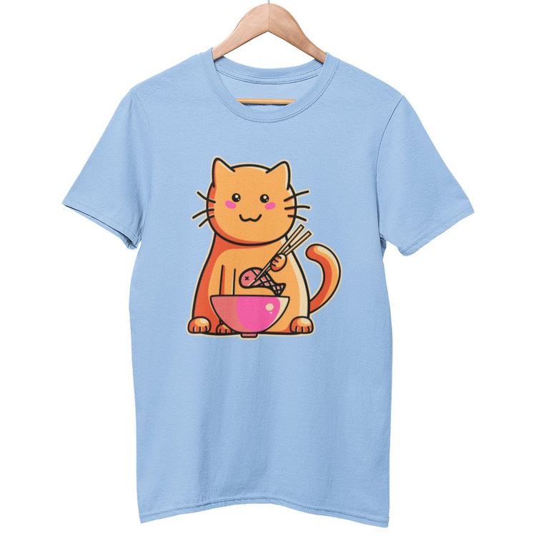 A royal blue colour unisex crewneck t-shirt on a hanger with a design on its chest of a kawaii cute ginger cat eating fish out of a bowl with chopsticks